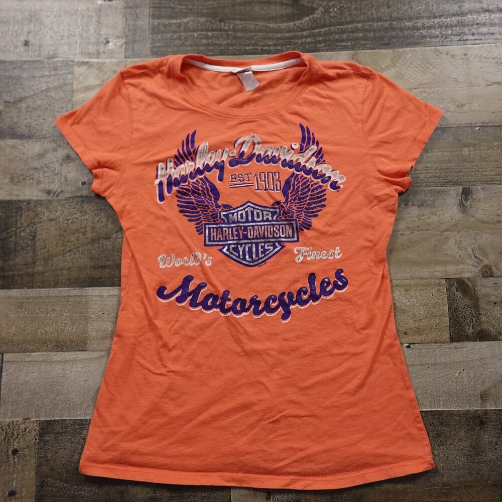 Harley-Davidson Womens T-Shirt Size‎ Large Orange Graphic Short Sleeve